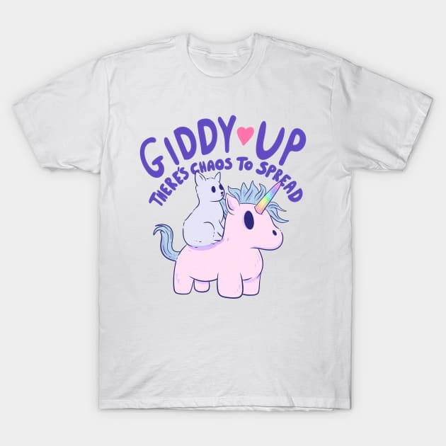 Cute Cat Riding Unicorn - Giddy Up, There’s Chaos to Spread T-Shirt by Jess Adams